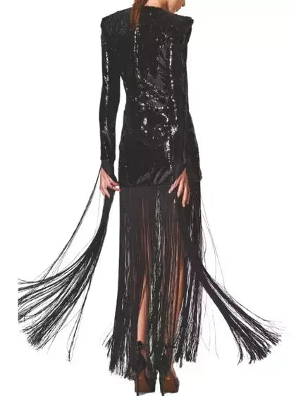 Elegant long black fringed sequin dress featuring dazzling sequins and stylish fringe