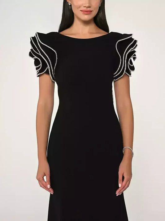 Long Black Gown with Short Crystal-Embellished Sculptured Sleeves - Dresses