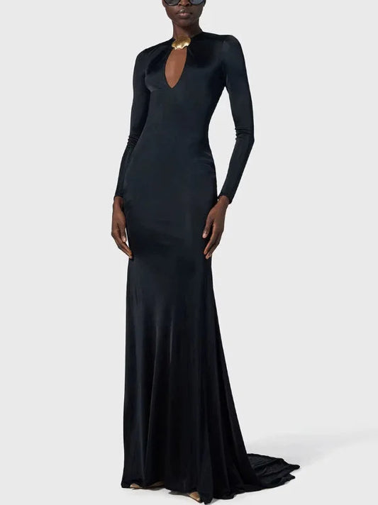 Long Black Stretch Jersey Gown with Gold Sea Shell Embellishment - Dresses
