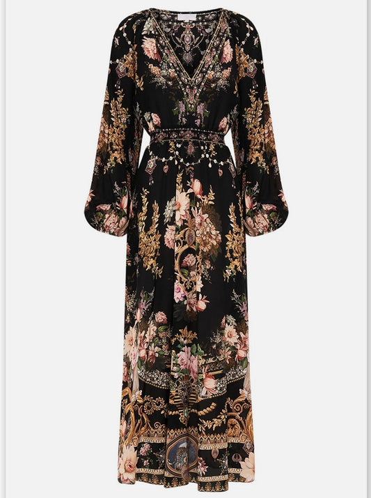 Long Black V-Neck Dress with Multicolored Print featuring a stylish floral design