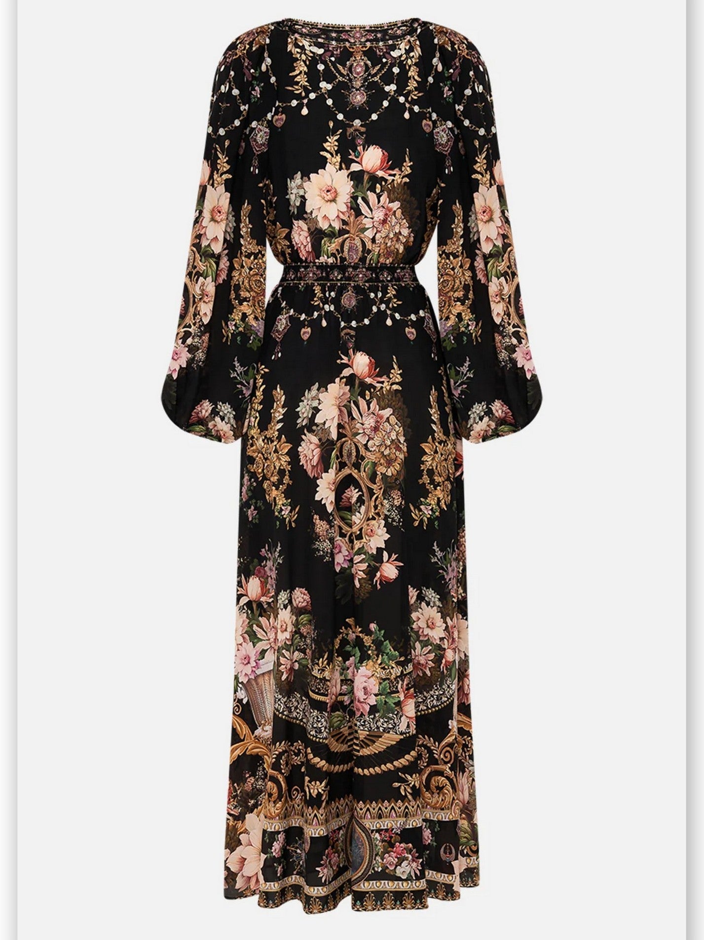Floral-patterned Long Black V-Neck Dress with Multicolored Print for stylish occasions