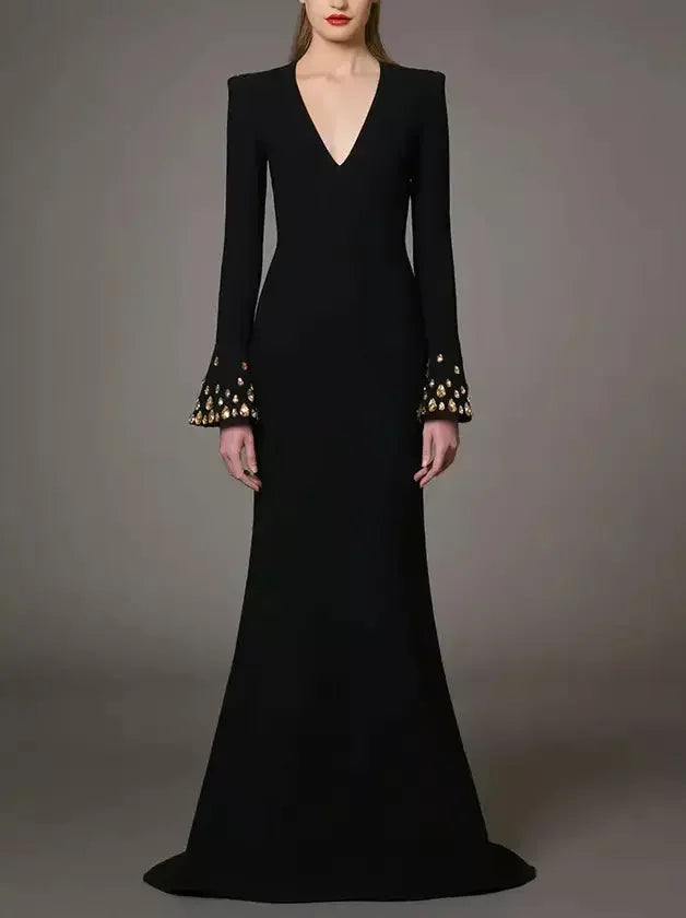 Long Black V-neck Gown with Rhinestone Bell Sleeves