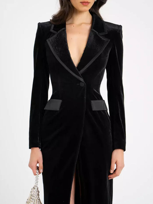 Long Black Velvet Blazer Dress - Dresses