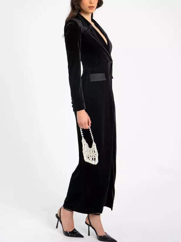 Long Black Velvet Blazer Dress - Dresses