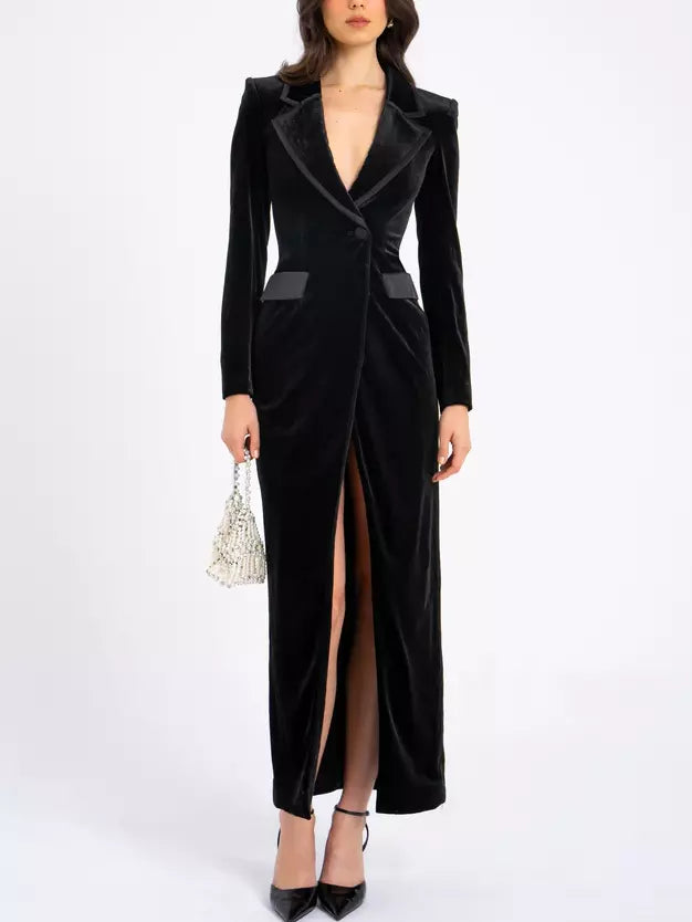 Long Black Velvet Blazer Dress - Dresses