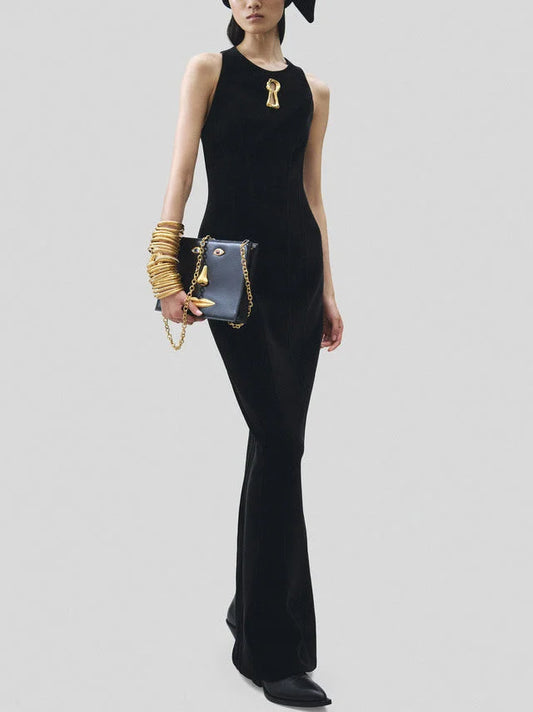 Long Black Velvet Dress with Gold Key Cut-Out - Dresses