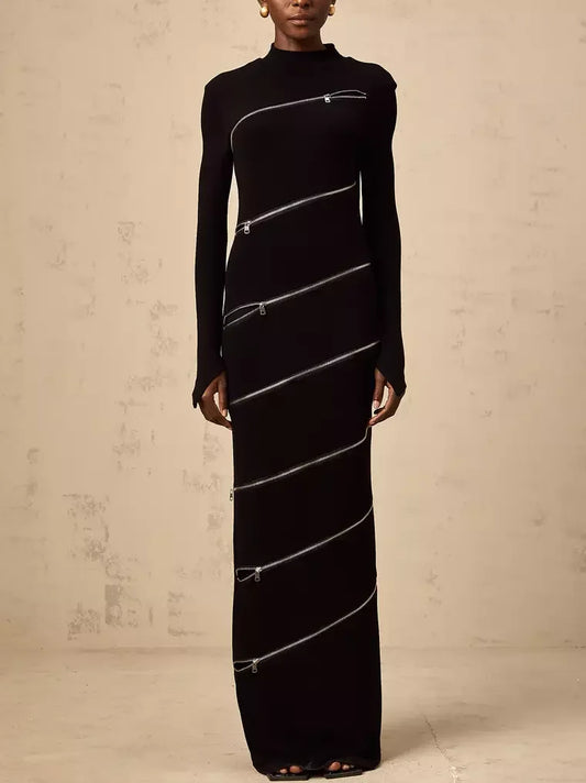 Elegant Long Black Zip-Embellished Dress with stylish zipper accents on sleeves