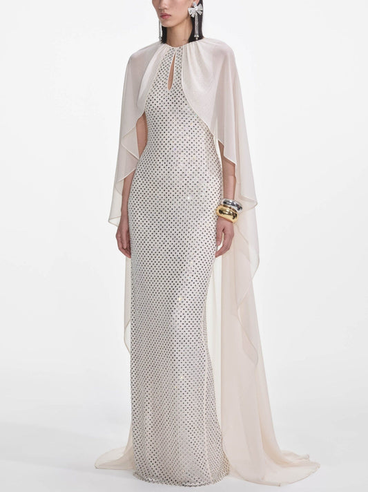 Long Cape Dress with Crystals in Cream - Dresses