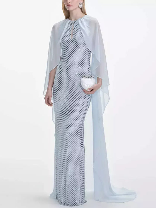 Long Cape Dress with Crystals in Light Blue - Dresses