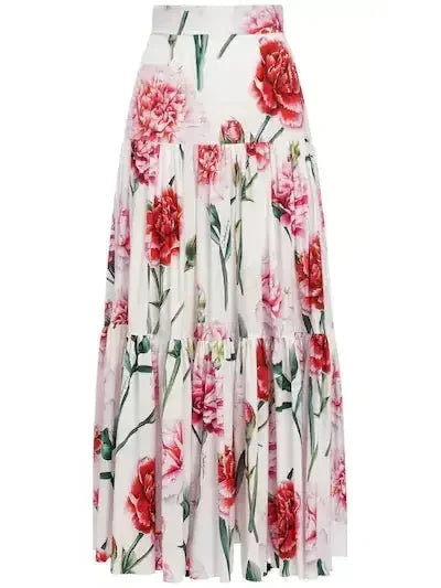Long Carnation Print Skirt - Skirts