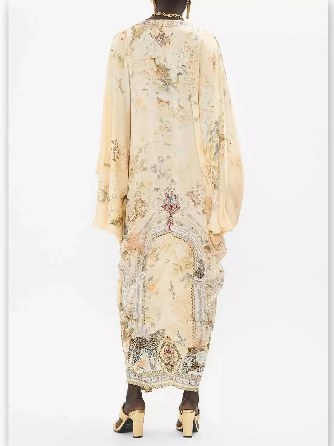 Long Draped V-Neck Kaftan Print Dress in Beige - One size - Dresses