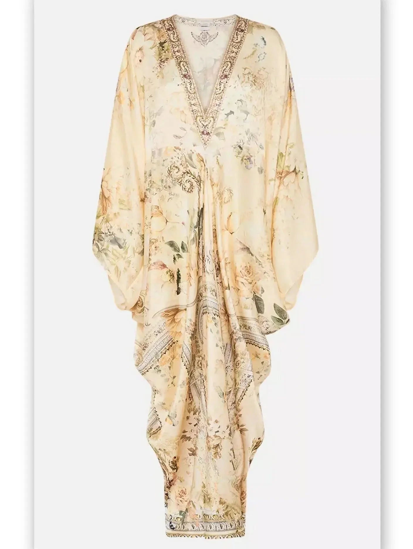 Long Draped V-Neck Kaftan Print Dress in Beige - One size - Dresses
