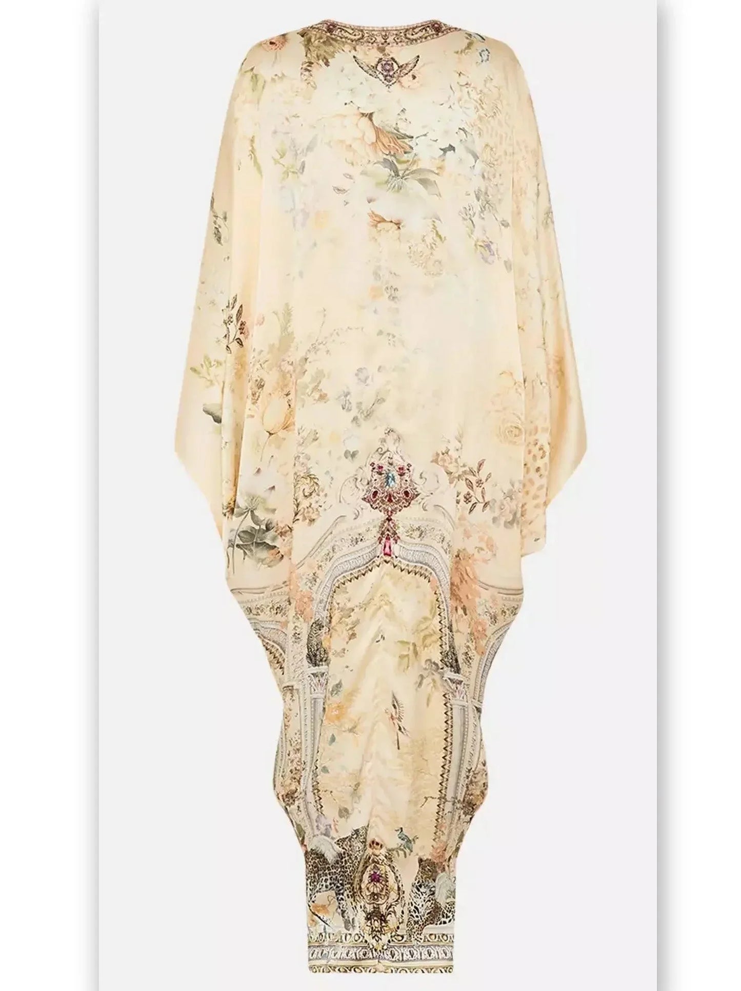 Long Draped V-Neck Kaftan Print Dress in Beige - One size - Dresses