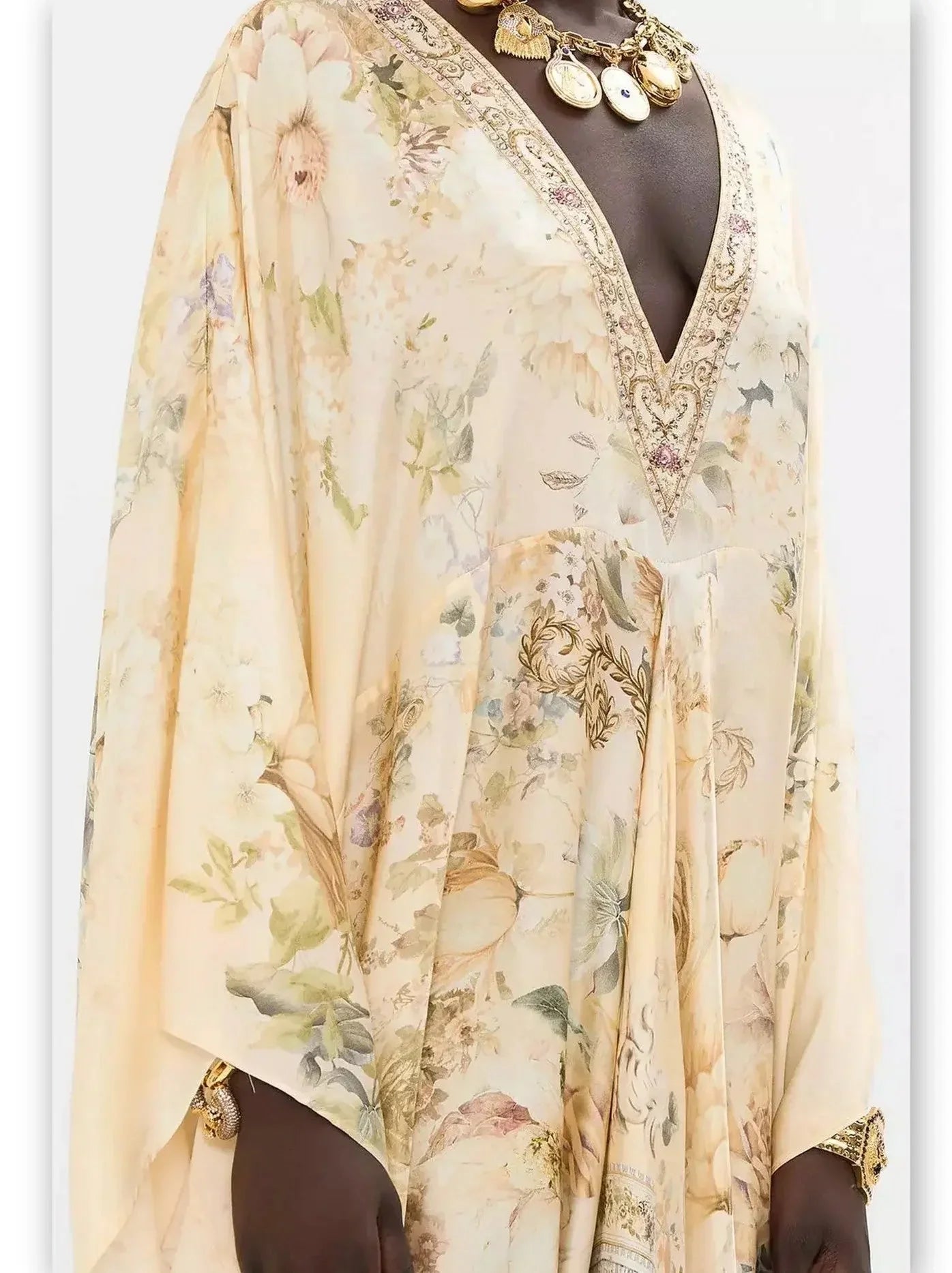 Long Draped V-Neck Kaftan Print Dress in Beige - One size - Dresses