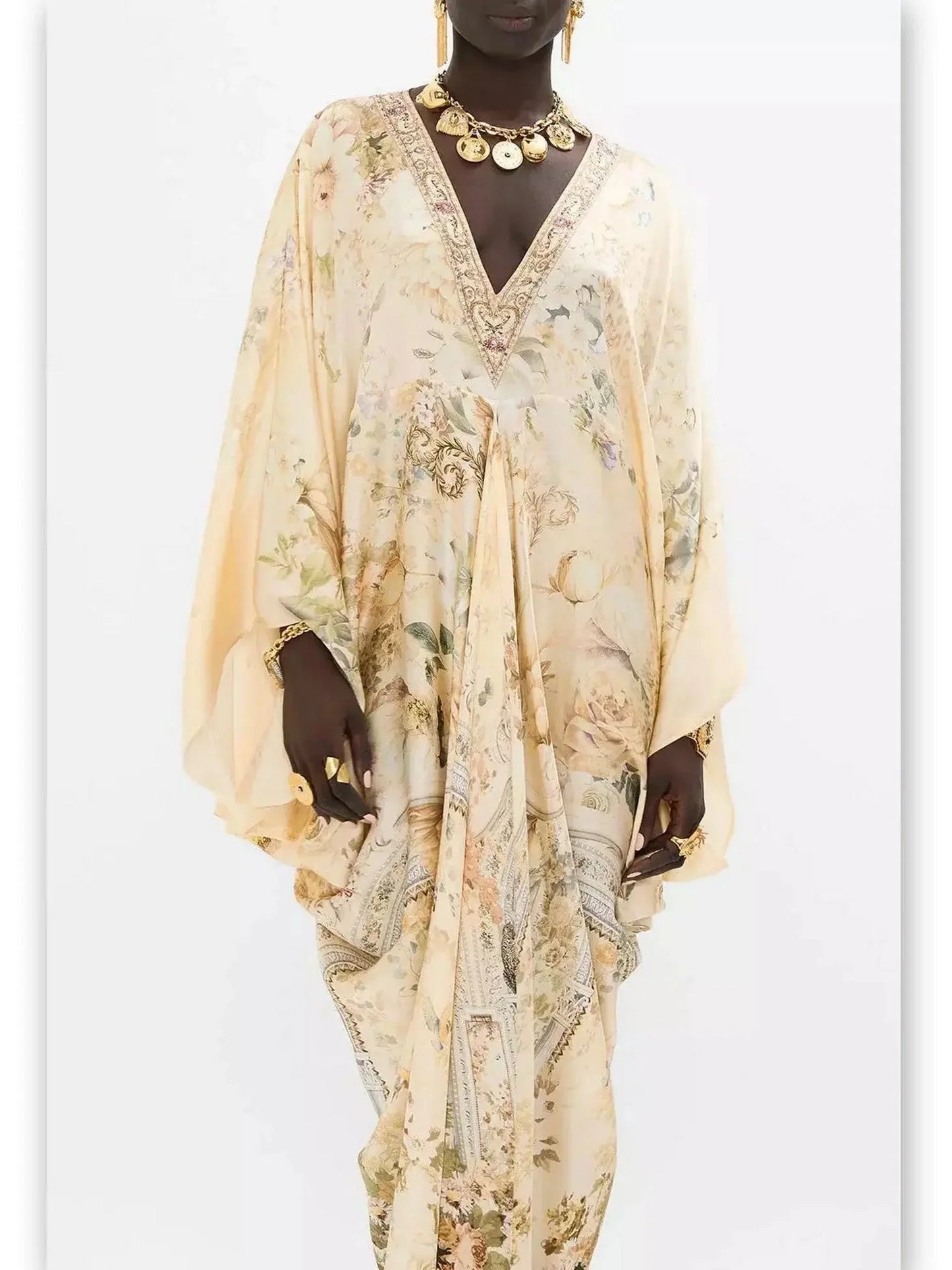 Long Draped V-Neck Kaftan Print Dress in Beige - One size - Dresses