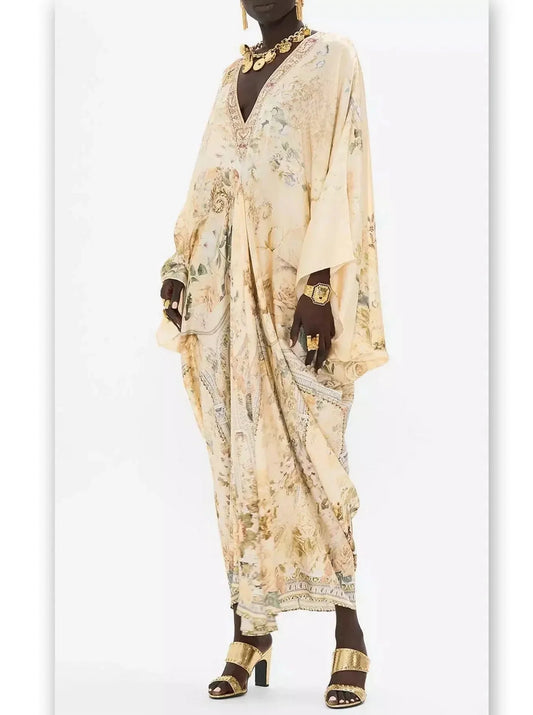 Long Draped V-Neck Kaftan Print Dress in Beige - One size - Dresses