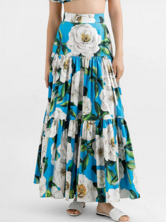 Long Floral Gardenia Print Cotton Tiered Skirt - Skirts