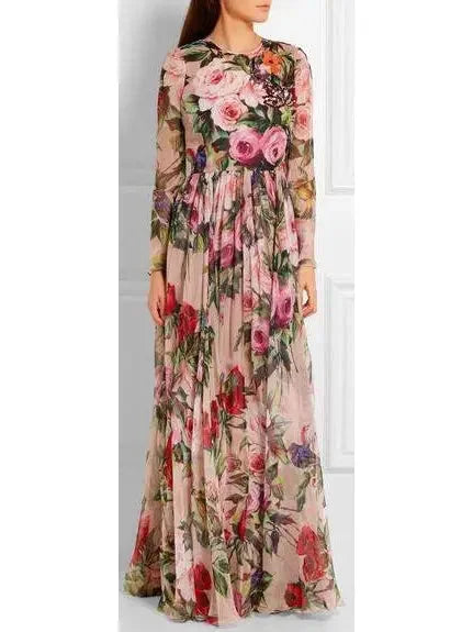 Long Floral Print Embellished Dress - Dresses