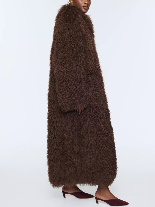 Long Full Mongolian Shearling Coat in Brown - Coats
