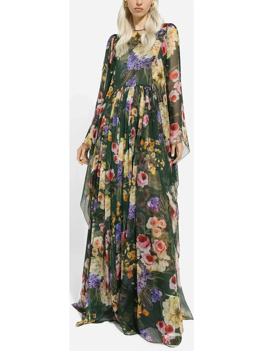 Long Garden-Print Chiffon Dress - Dresses