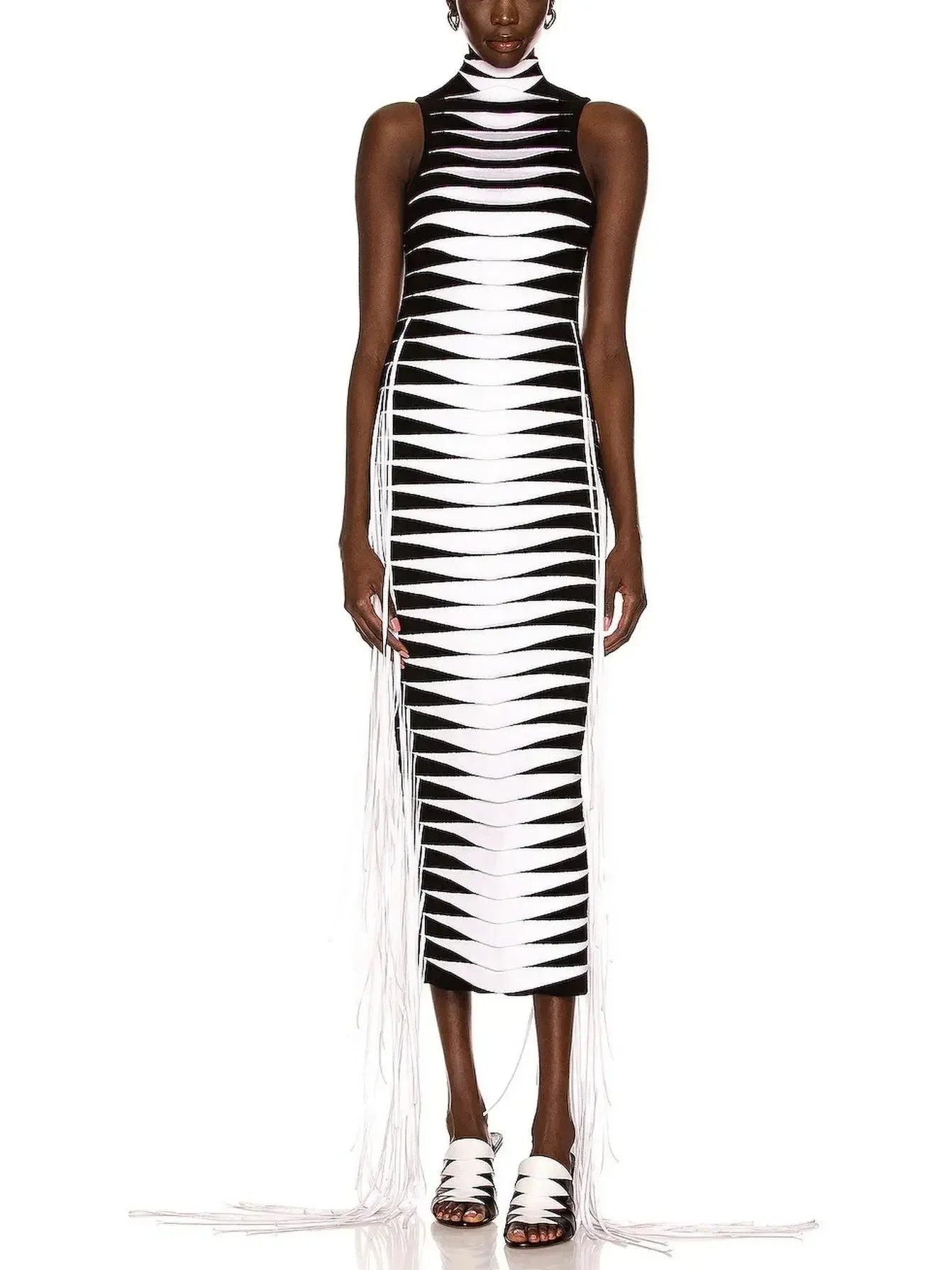 Long Geometric Fringed Tube Dress - Dresses