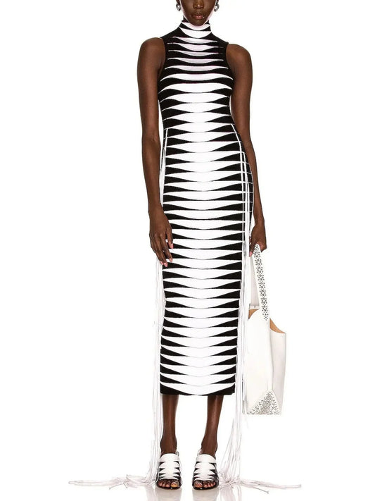 Long Geometric Fringed Tube Dress - Dresses