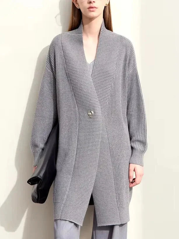 Long Knit Single-Button Cardigan Sweater in Gray - Sweaters & Knitwear