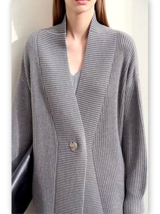Long Knit Single-Button Cardigan Sweater in Gray - Sweaters & Knitwear