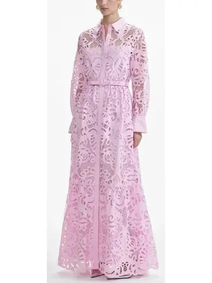 Long Pink Cotton Lace Dress - Dresses
