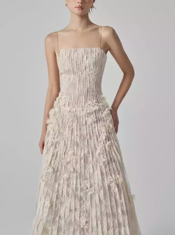 Ivory feather-embellished Long Pleated Sleeveless Lace Dress with Floral Appliques