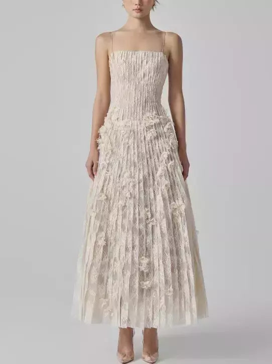 Ivory feathered long pleated sleeveless lace dress with floral appliques elegant design