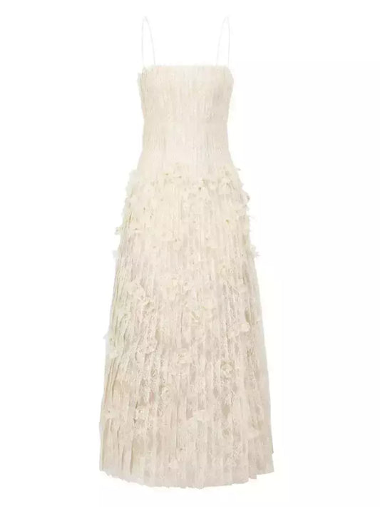 Ivory feathered long pleated sleeveless lace dress with floral appliques showcased