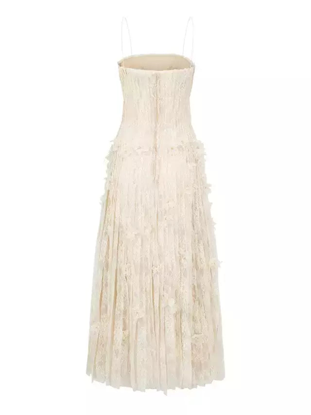 Ivory strapless dress with fringe in Long Pleated Sleeveless Lace Dress with Floral Appliques