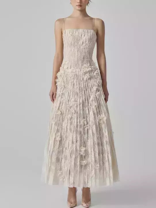 Elegant Long Pleated Sleeveless Lace Dress with floral appliques for a sophisticated look