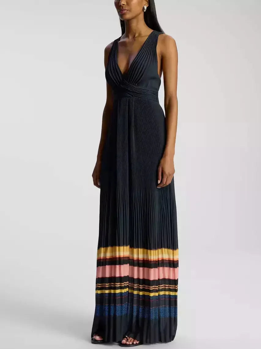 Long Pleated Stripe-Contrast Halter-Neck Dress - Dresses