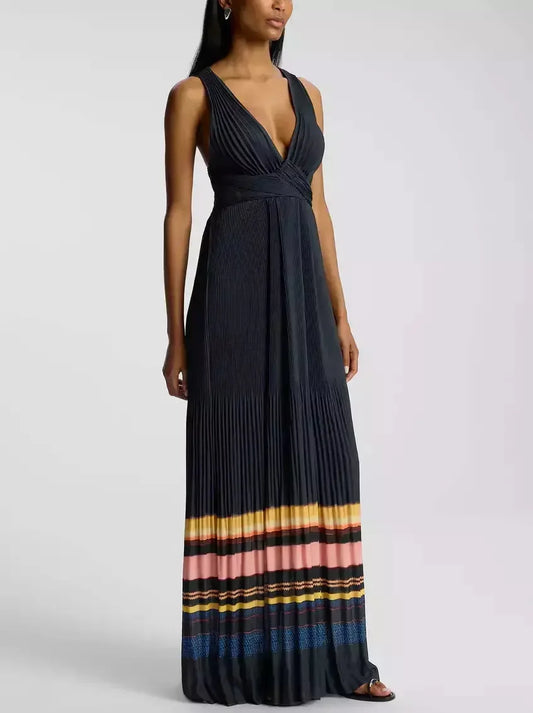 Long Pleated Stripe-Contrast Halter-Neck Dress - Dresses