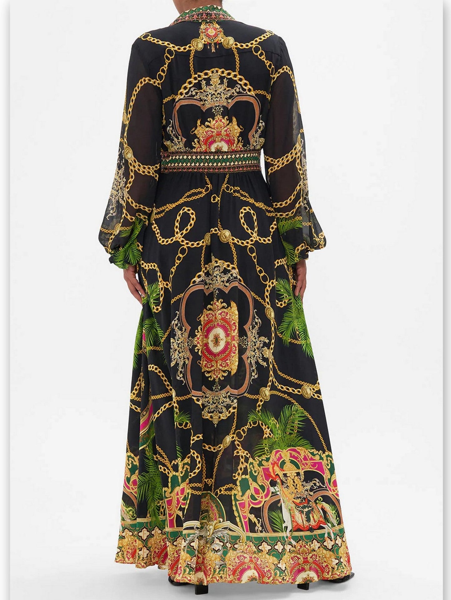 Black maxi dress with gold chain detail and tropical print, a stylish silk shirt dress