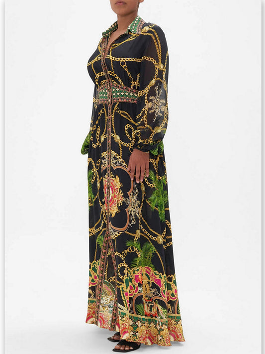Black maxi dress with chain and floral print, a stylish long printed silk shirt dress