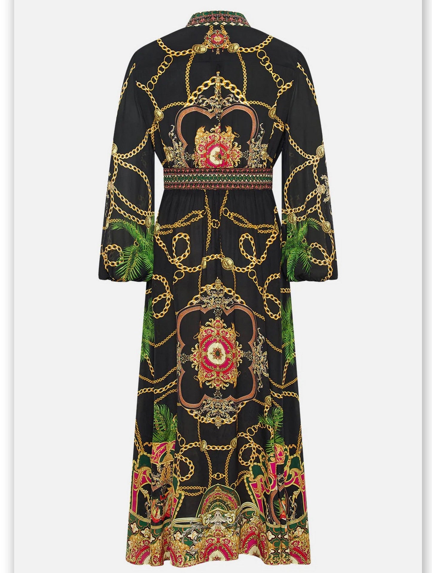 Black maxi dress with gold chain and tropical print from Long Printed Silk Shirt Dress