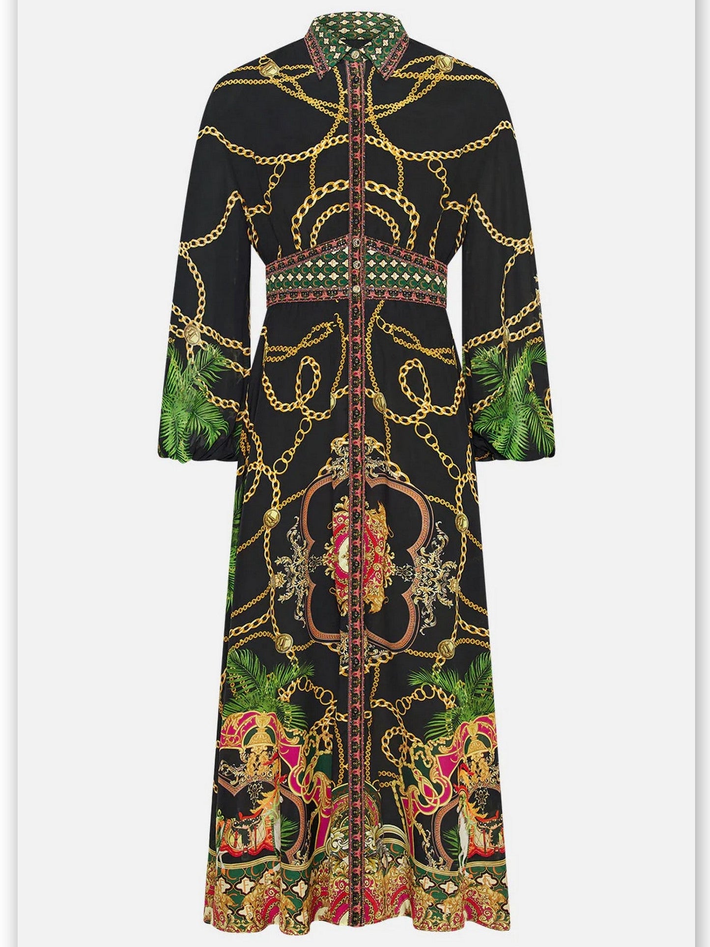 Black maxi dress with chain and floral print in Long Printed Silk Shirt Dress design