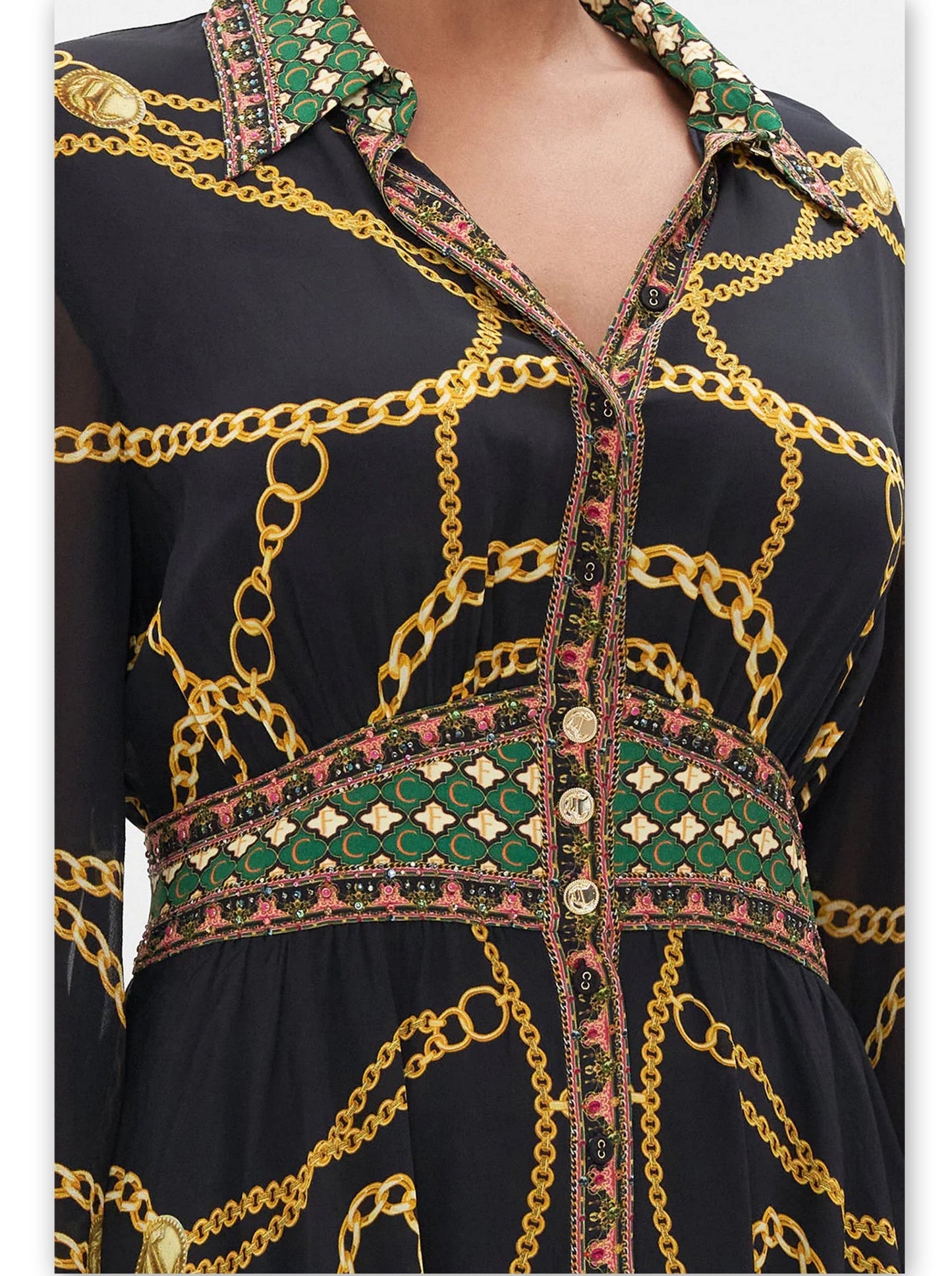 Black maxi dress with chain and floral print in Long Printed Silk Shirt Dress design