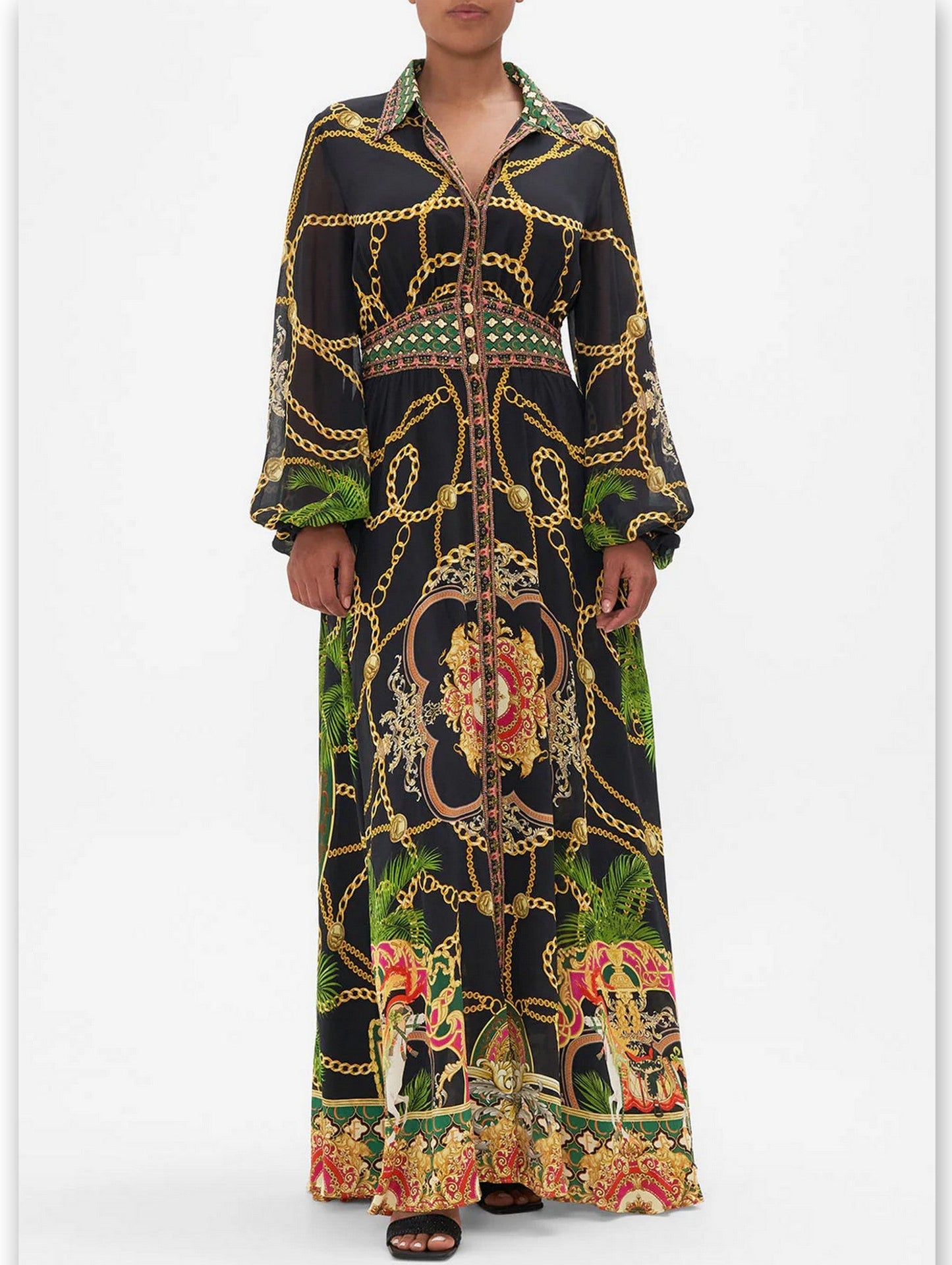 Black maxi dress featuring chain and baroque print in a Long Printed Silk Shirt Dress