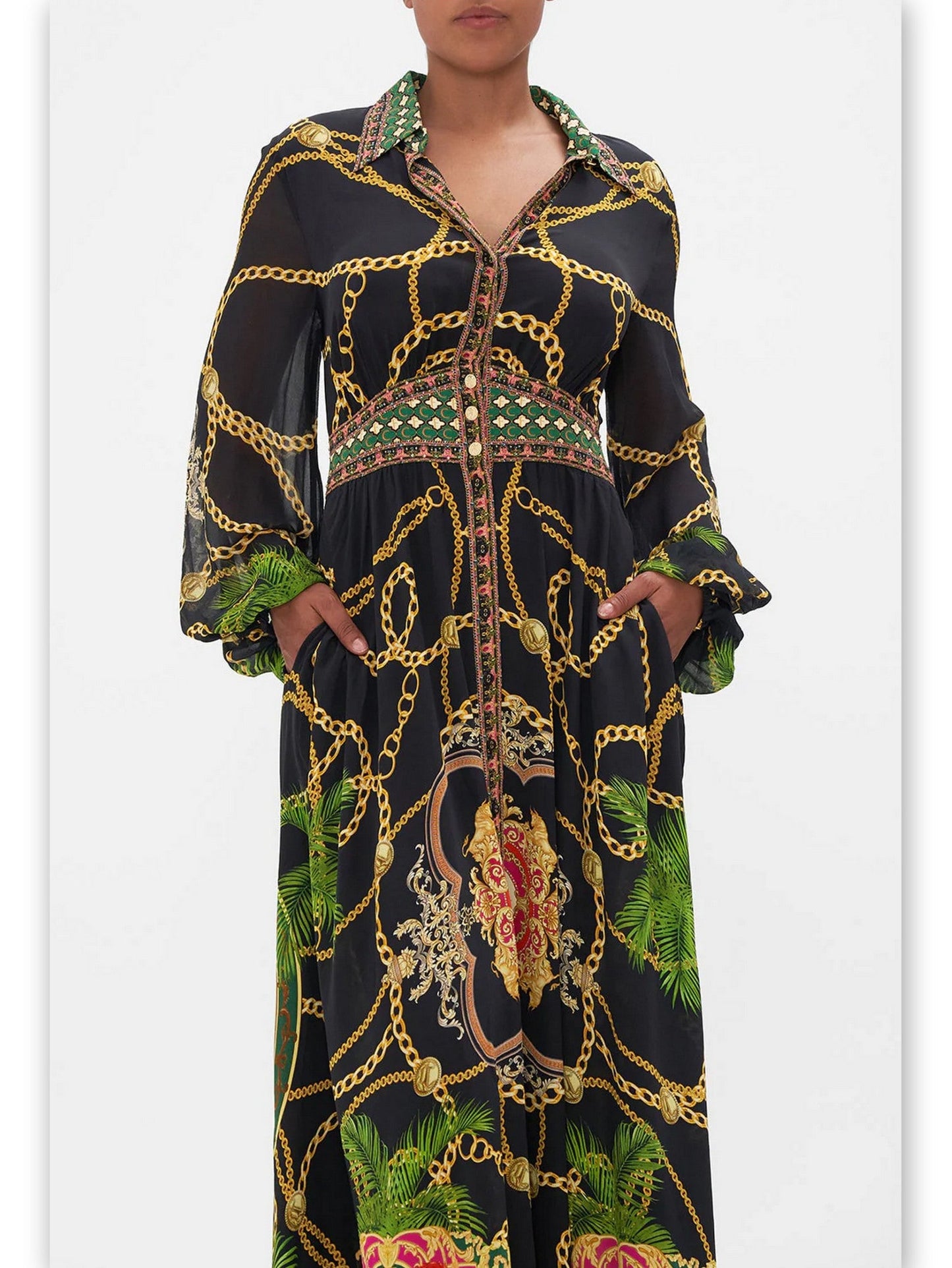 Black maxi dress featuring chain and floral print, perfect for a Long Printed Silk Shirt Dress