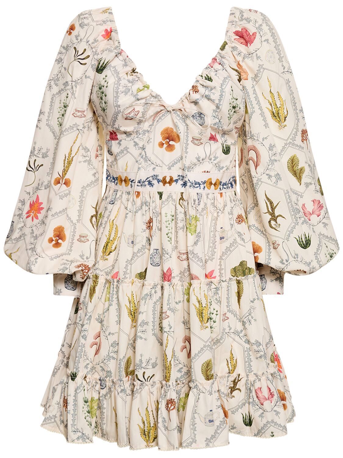 Floral printed mini dress with long puff sleeves and adjustable v-neck drawstring