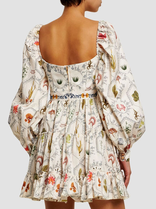 Patterned Long Puff Sleeve Printed Mini Dress with Adjustable V-Neck Drawstring