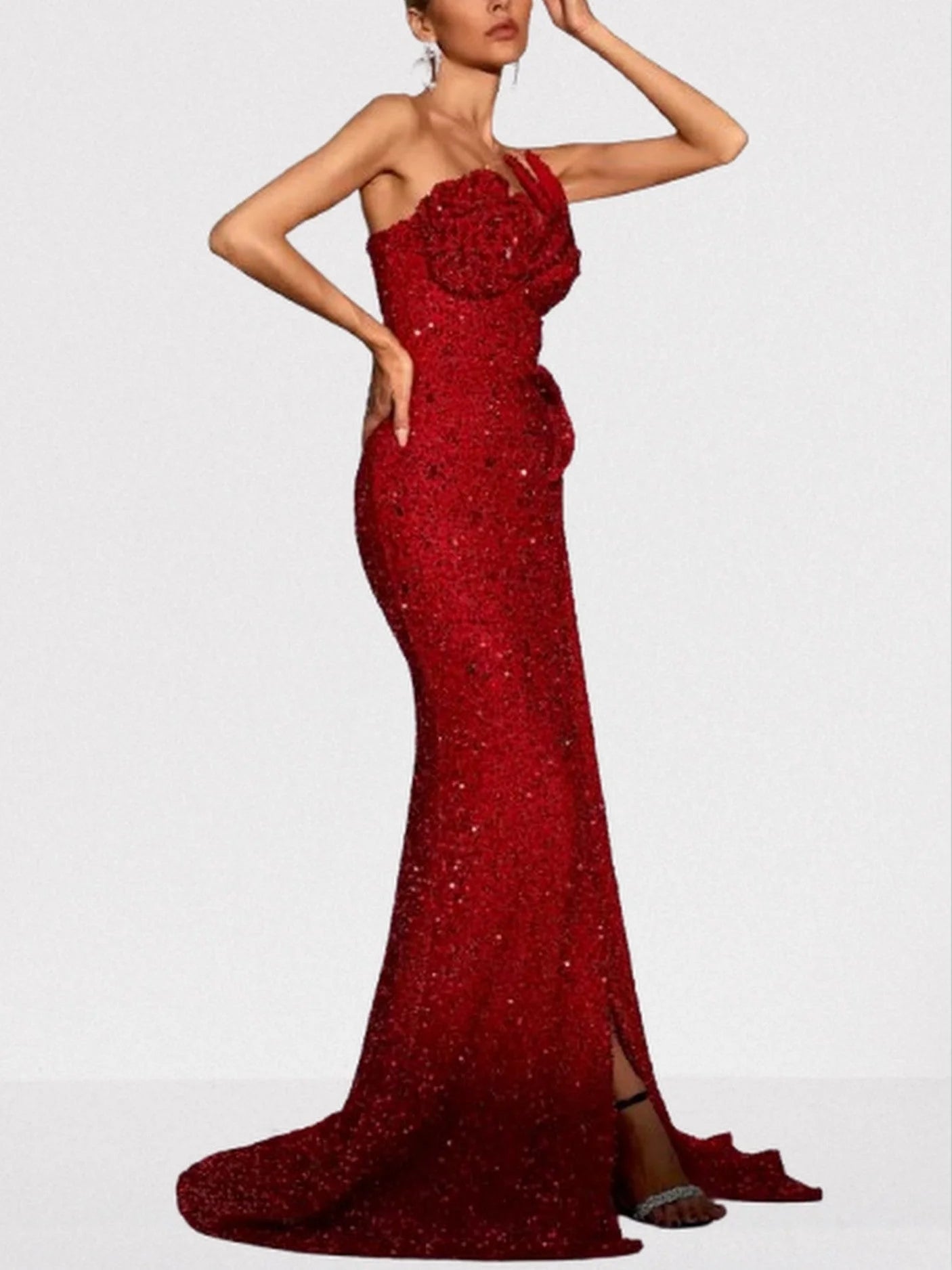 Long Red Structured Sequin Gown - Dresses