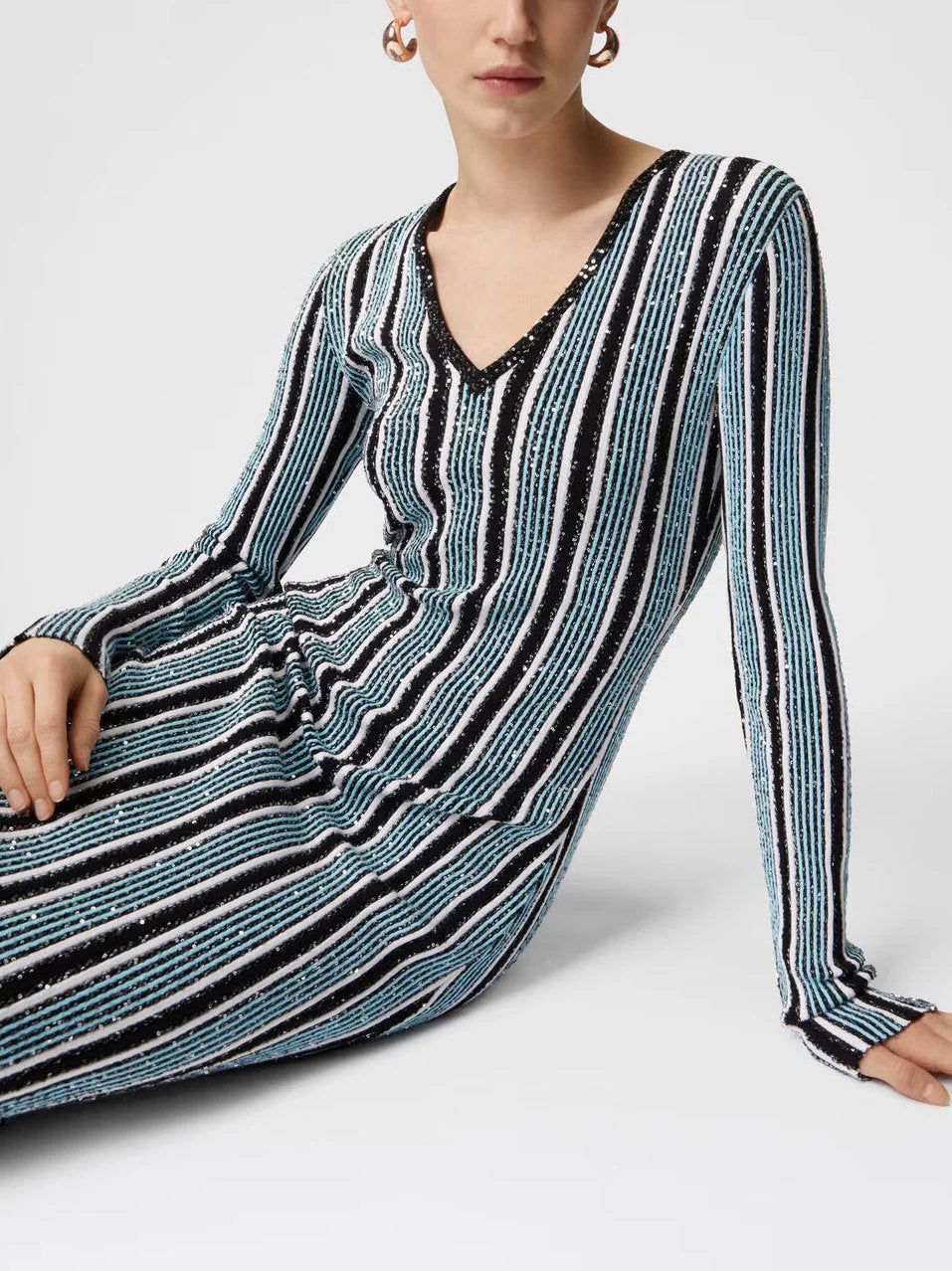 Long Ribbed V-Neck Knit Dress with Sequins - Dresses