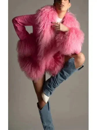 Long Shearling-Trim Leather Jacket Pink - Jackets