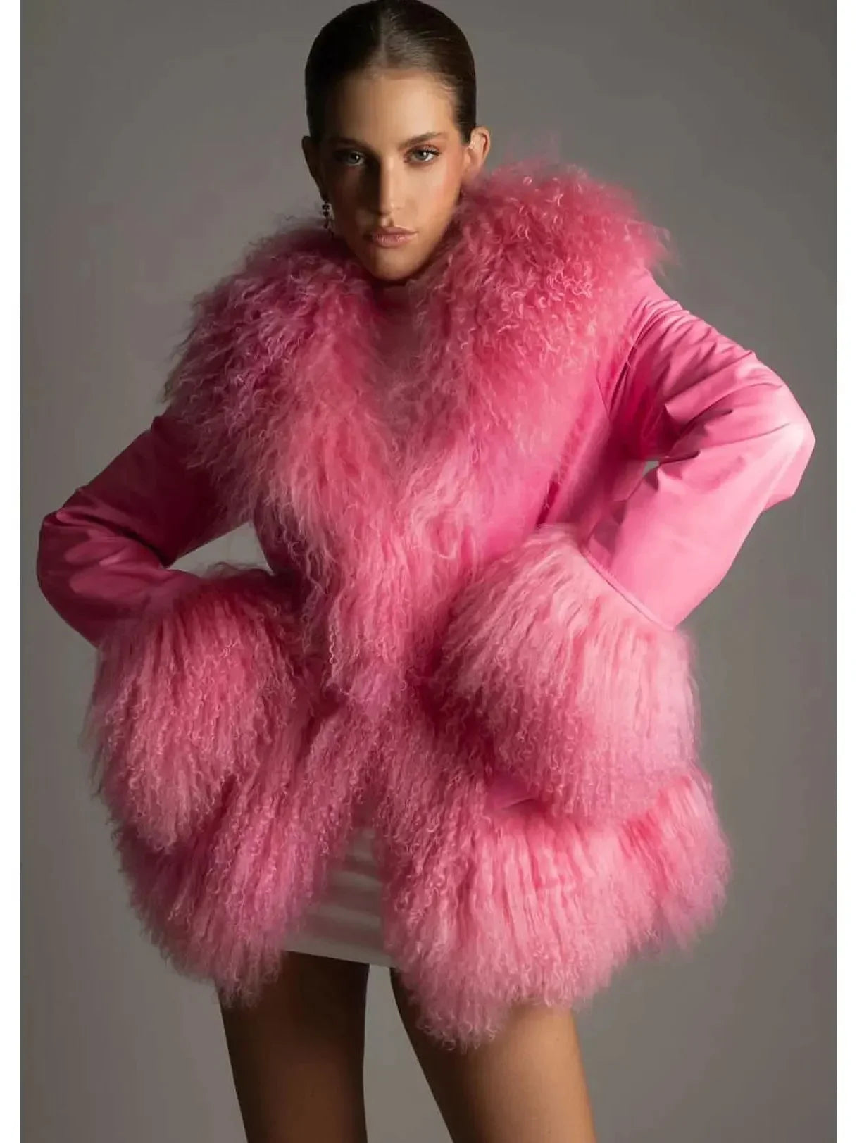 Long Shearling-Trim Leather Jacket Pink - Jackets