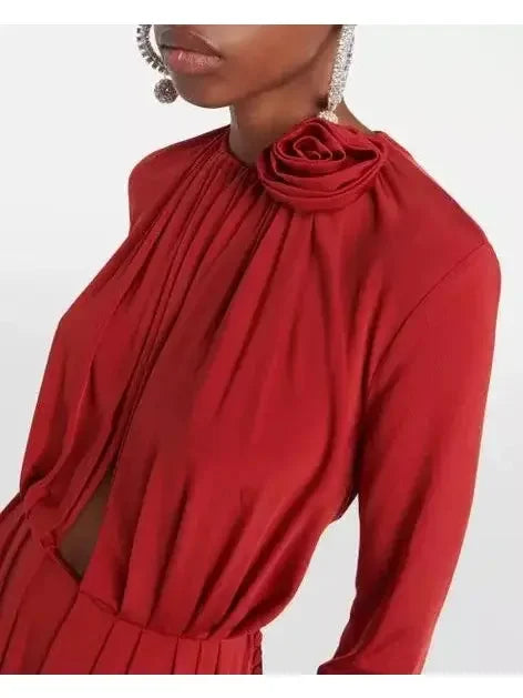 Long Sleeve Jersey Gown in Red - Dresses